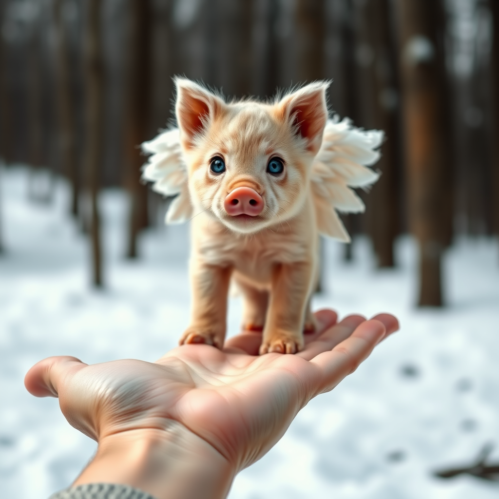 A cute pig with angelic wings standing on a human hand. The cub has a soft, fluffy texture with detailed fur, expressive blue eyes, and a curious expression. The wings are large and feathery, blending seamlessly with its fur, giving an ethereal appearance. The background is a winter forest, with the ground covered in snow and blurred brown trees, creating a serene atmosphere. The human hand in the foreground is positioned palm-up, supporting the lion cub gently, fingers slightly curled. The lighting is soft and diffused, enhancing the tender and magical feel of the scene. Colors are predominantly neutral with white, cream, and soft browns, contrasting with the subtle blue of the lion cub's eyes. The overall composition is balanced, with the cub at the center, creating a focal point that draws the viewer's attention immediately.