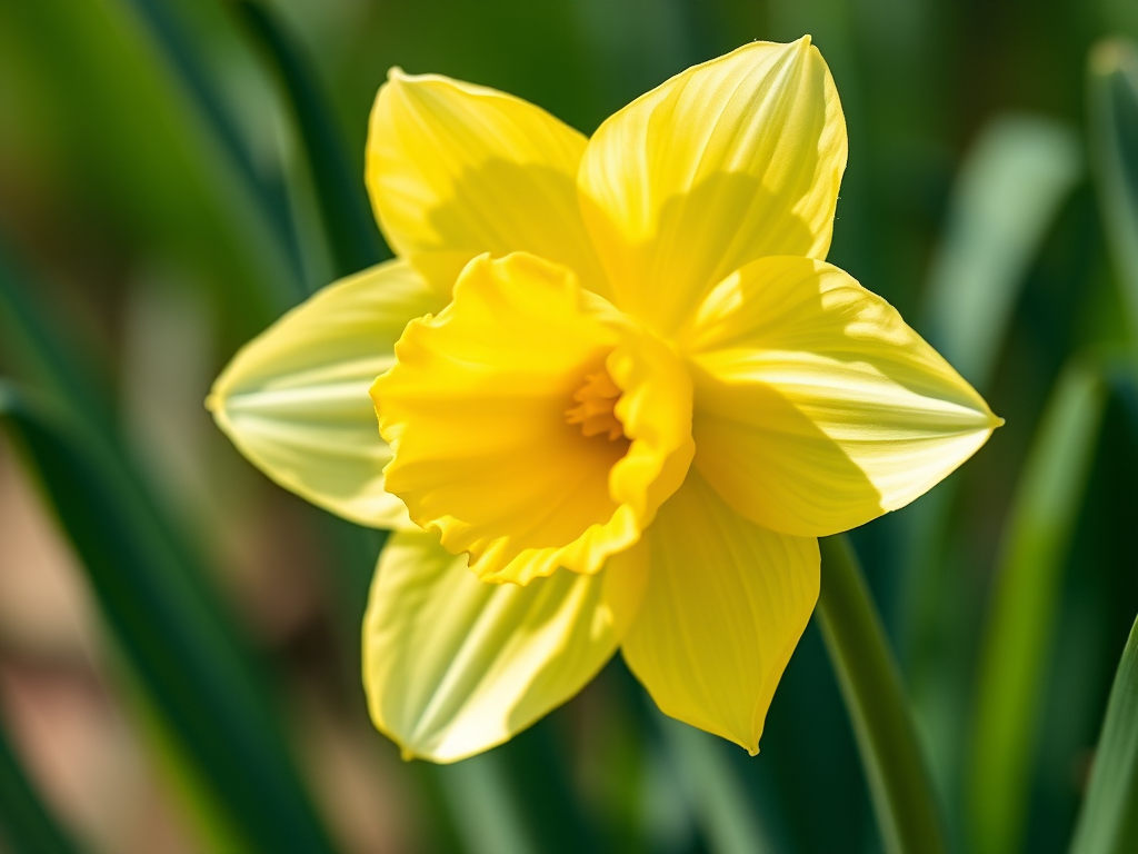 Create a high-resolution illustration of a yellow daffodil with detailed petals and green leaves, captured in a close-up view using a Canon EOS R5, aperture set to f/2.8 for a soft background blur, ISO 100 for optimal clarity, in natural light to enhance color vibrancy.