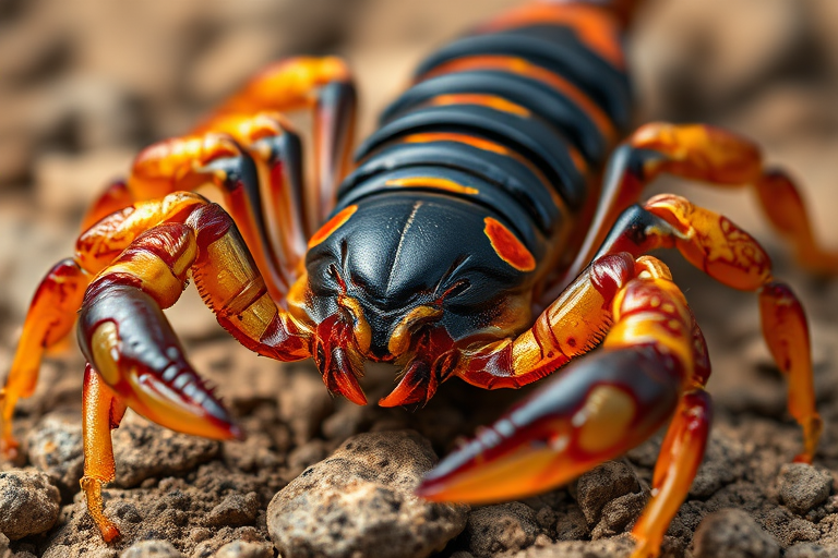 Create a high-resolution, detailed illustration of a scorpion with vibrant colors and intricate patterns, captured with a Canon EOS R5 camera, 50mm lens, f/2.8 aperture, ISO 100, at a macro angle to enhance texture and detail.