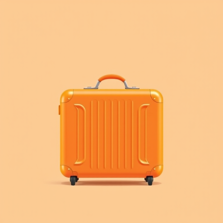 Create a vector illustration of an orange suitcase on a light peach background with a clean, minimalist design, use a Canon EOS 5D Mark IV camera with a 50mm f/1.8 lens, set aperture to f/8 for sharp detail, ISO at 100 for maximum quality, and a slight vignette effect for emphasis.