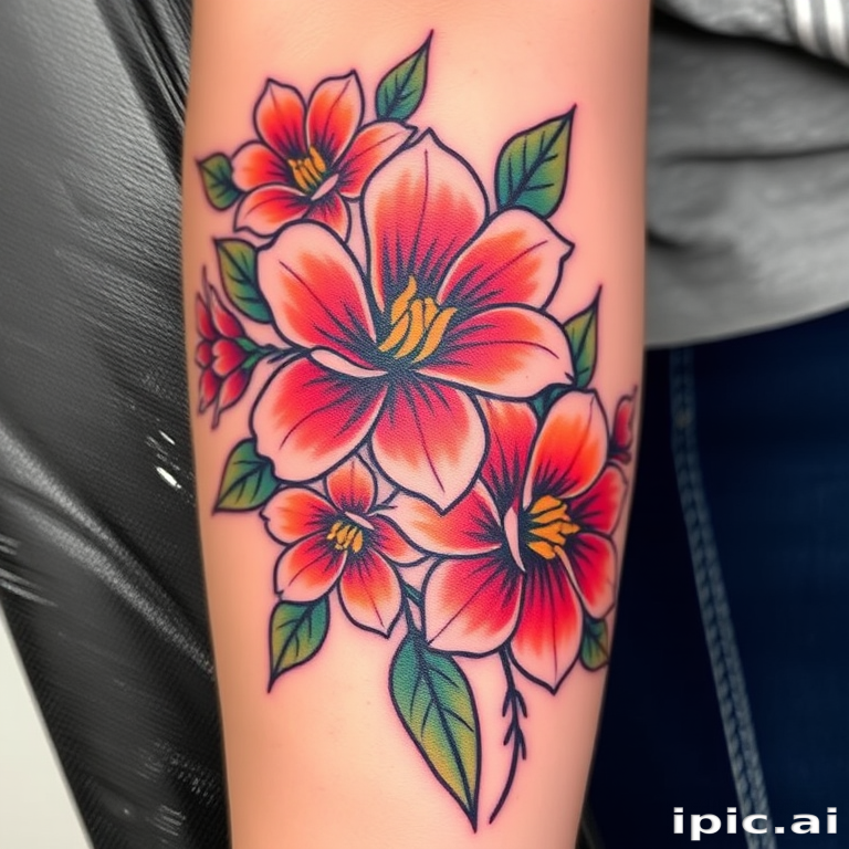 Neo-traditional tattoo style entitled "Floral Reverie" showcasing bold outlines, vibrant color gradients, and stylized flowers with a modern twist, suitable for arm or thigh placement