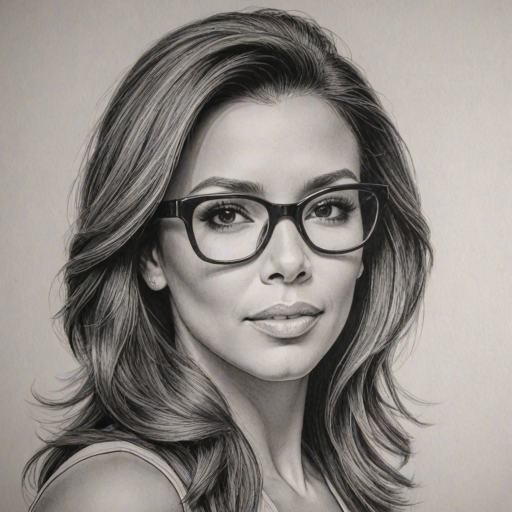 Splendid Eva Longoria, pencil sketch, portrait of Stunning woman 1975s in glasses, hair style beatnik, outline, clear lines, fine lines, 8k