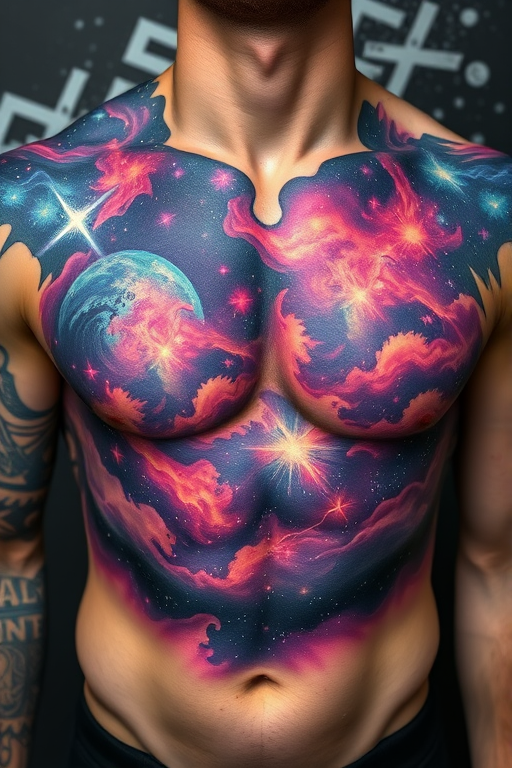 Cosmic nebula tattoo spanning across the chest and shoulders with swirling galaxies and vibrant star clusters in rich purples blues and pinks creating an otherworldly atmosphere