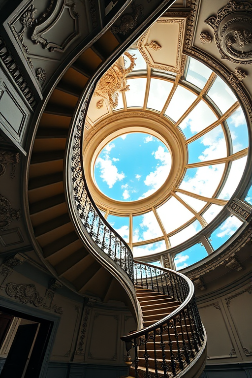 Regenerate an image of a grand spiral staircase in an ornate room with detailed carvings and a large circular window showcasing a blue sky with clouds, captured with a Canon EOS R5, 24mm lens, f/2.8 aperture, ISO 100, natural lighting with a soft focus effect.