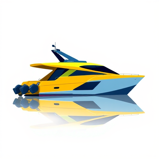 Create a high-resolution illustration of a modern boat with a yellow and blue color scheme, viewed from the side, using a digital art style, 300 DPI, with a focus on clean lines and vibrant colors.