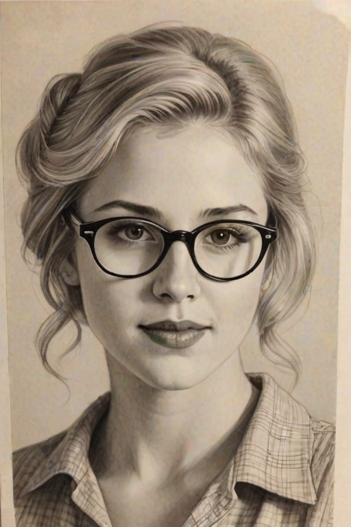 Superb Caroline Sunshine, pencil sketch, portrait of Enticing woman 1926s in glasses, hair style beatnik, outline, clear lines, fine lines, 8k