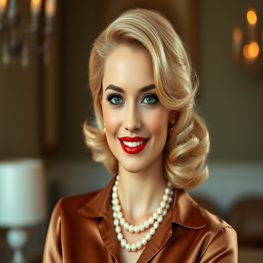A beautiful Chaldean woman reminiscent of 1950s Hollywood glamour, with perfectly styled blonde hair and a seductive smile, dressed in a satin blouse and adorned with pearls, soft and warm tones, photorealistic, 8K