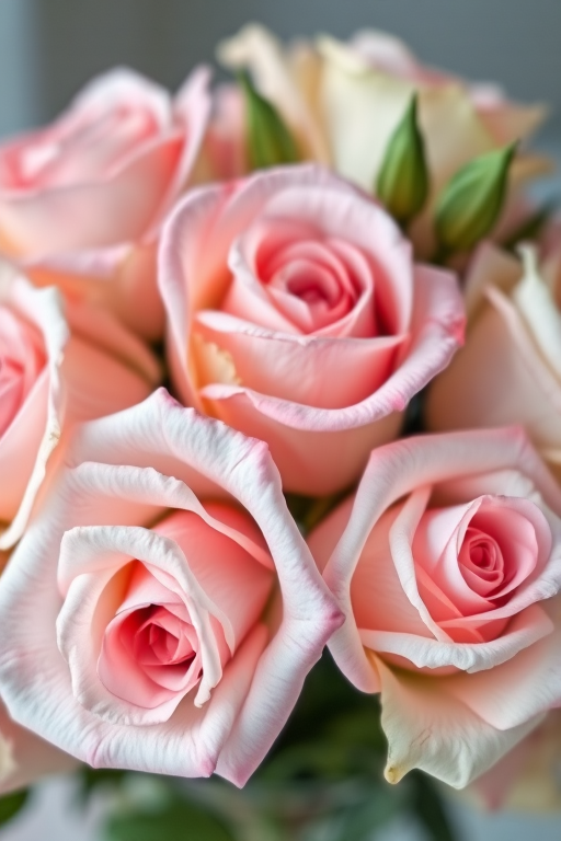 Regenerate an arrangement of pastel roses with soft hues and gentle lighting, captured with a DSLR camera, 50mm lens, f/2.8 aperture, ISO 100, natural soft light, shallow depth of field for a dreamy effect.