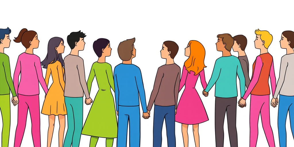 Create a vibrant illustration of diverse stick figure people holding hands in a heart shape, with a clean white background, using a digital drawing style, high resolution 300 DPI, shot with a digital drawing tablet, in a close-up view to emphasize details and colors.
