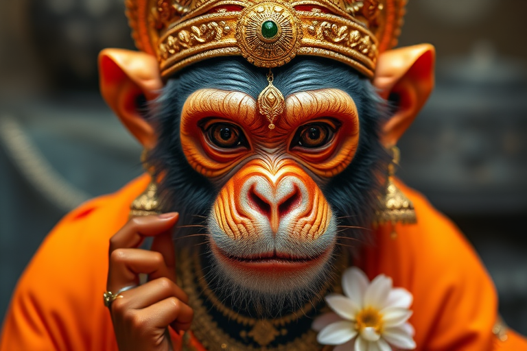 Create a high-resolution image of a mythological monkey deity with intricate golden jewelry, vibrant orange clothing, and a floral ornament, using a Canon EOS 5D Mark IV with a 50mm f/1.8 lens, shot in portrait mode, with soft lighting to emphasize texture and detail.