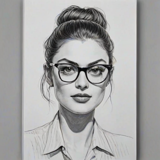 Captivating Phoebe Tonkin, pencil sketch, portrait of Comely woman 1938s in glasses, hair style beatnik, outline, clear lines, fine lines, 8k
