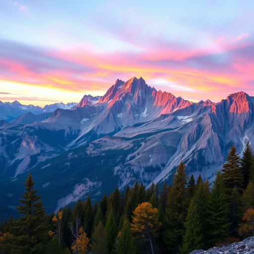 Generate a high-quality digital artwork of a majestic mountain landscape at sunrise with vibrant colors and clear skies, captured with a Canon EOS R5 camera, using a 24-70mm f/2.8 lens, at a focal length of 35mm, aperture set to f/8, ISO 100, and a shutter speed of 1/125 sec, aerial view style for depth.