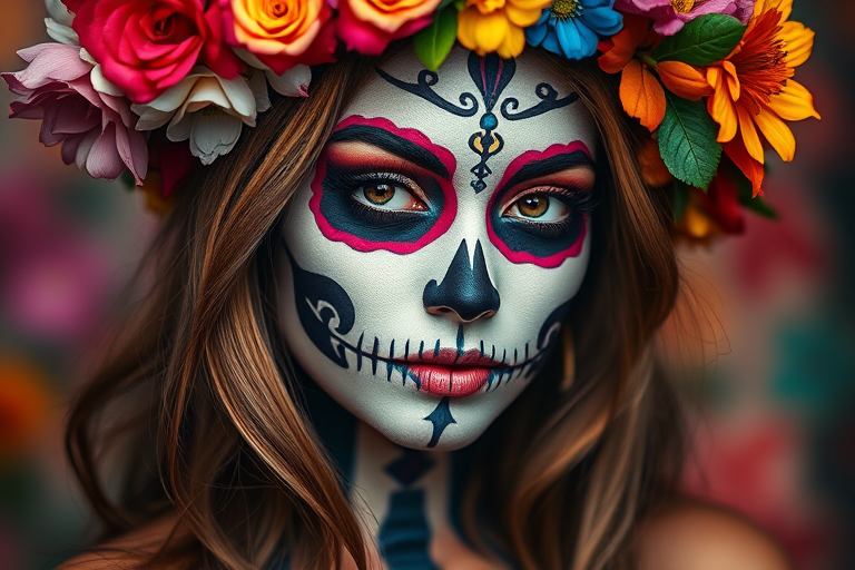 Create a vibrant portrait of a woman with a skull face paint and a floral crown, using a DSLR camera with a 50mm lens, aperture set to f/1.8, ISO 100, focus on her face, shallow depth of field to blur the background, capturing rich colors and sharp details.