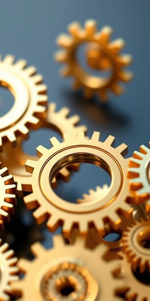 Create a 3D rendering of interlocking golden gears with intricate details and reflections, using a Canon EOS R5 camera with a 50mm lens, aperture set to f/1.8, ISO 100, and a shallow depth of field for enhanced focus on the gears, shot from a slightly elevated angle to capture the depth and complexity of the design.