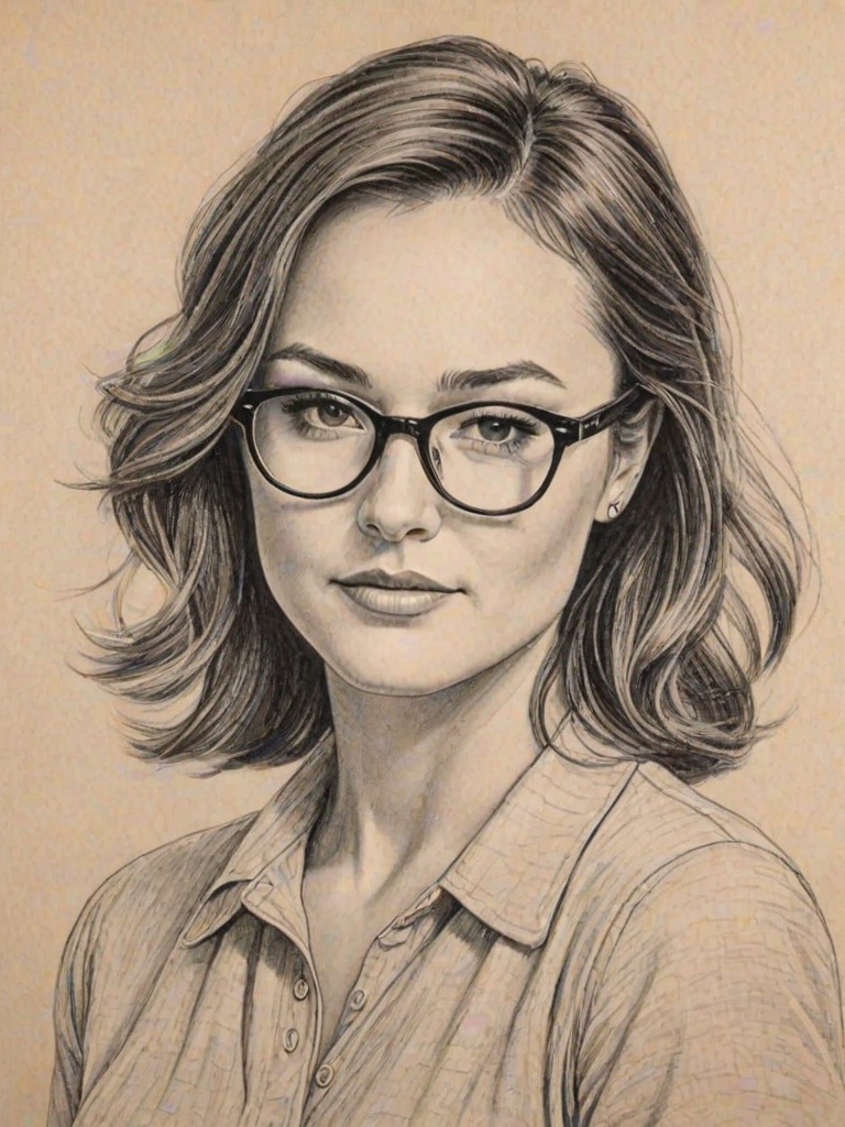 Fetching Briana Evigan, pencil sketch, portrait of Captivating woman 1950s in glasses, hair style beatnik, outline, clear lines, fine lines, 8k