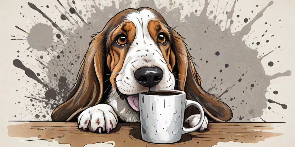 A quirky, artistic illustration of a disheveled basset jack dog breed with exaggerated, large eyes and spiky fur, holding a coffee mug that reads "Good Morning". The dog has a tired but humorous expression, with ink splatters and abstract details surrounding it, giving a whimsical feel to the image. The color palette is mostly monochrome with hints of white in the eyes and steam rising from the mug, enhancing the overall sleepy vibe