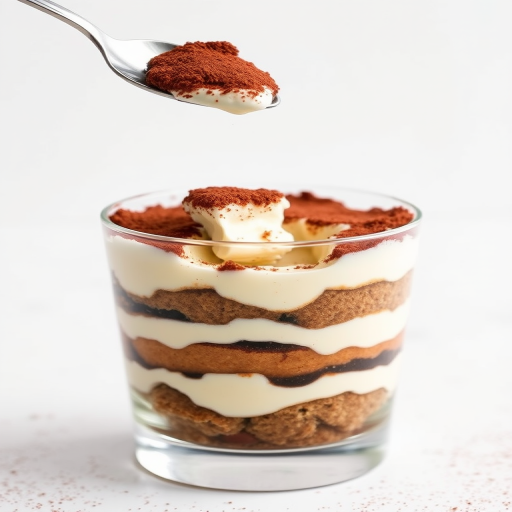 Create an image of a delicious tiramisu dessert in a clear glass. The dessert has layers of creamy mascarpone cheese and coffee-soaked ladyfingers, topped with a dusting of cocoa powder. A spoon is lifting a portion of the dessert, revealing the rich texture and layers inside. The background is minimalistic and light, emphasizing the dessert's appealing appearance.