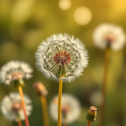 generate an artistic illustration of dandelion flowers with round shapes in the background using a DSLR camera, 50mm lens, f/2.8 aperture, ISO 100, natural light, shallow depth of field, high-resolution digital format