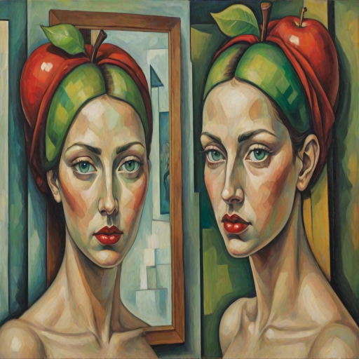 Abstract Surrealist cubist painting depicting a woman with green eyes and a red apple on her head looking at herself in the mirror
