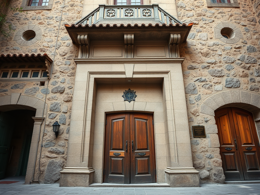 Create an image of a rustic building entrance with detailed stonework and wooden doors, shot with a Canon EOS 5D Mark IV at f/8, ISO 100, 1/125s, focus on texture and color, wide-angle view with a slight upward tilt for depth.
