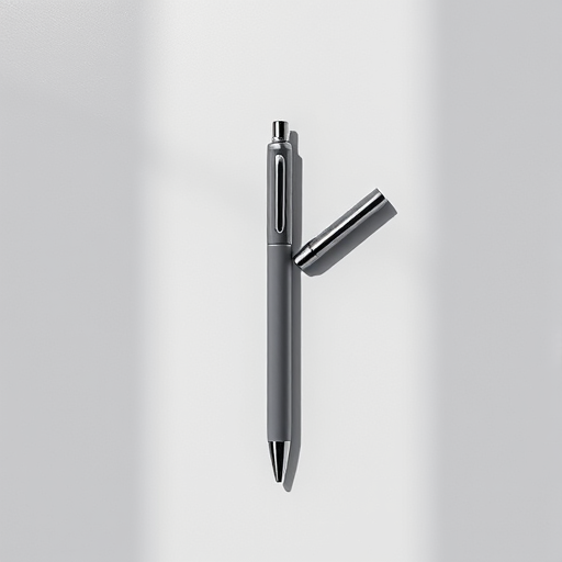 Create a high-resolution image of a gray pen with a sleek design, captured with a Canon EOS R5 camera at f/2.8 aperture, ISO 100, 1/125 sec shutter speed, shot from a top-down view with soft diffused lighting to enhance details.