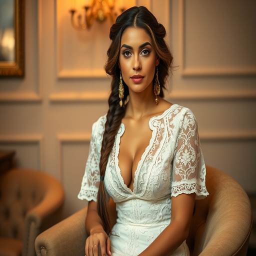 Create a portrait of a refined and elegant Coptic woman seated in a sophisticated setting. She has long, wavy hair styled in two thick braids that are pulled over her shoulders. She wears a white, lace gown with intricate patterns, featuring a deep V-neckline and short sleeves. The dress exudes a vintage charm with its delicate lacework. She is adorned with ornate, dangling earrings that add a touch of glamour to her appearance. The background is softly lit, with warm, ambient lighting that creates a cozy and inviting atmosphere. Her expression is poised and serene, capturing a sense of grace and elegance.