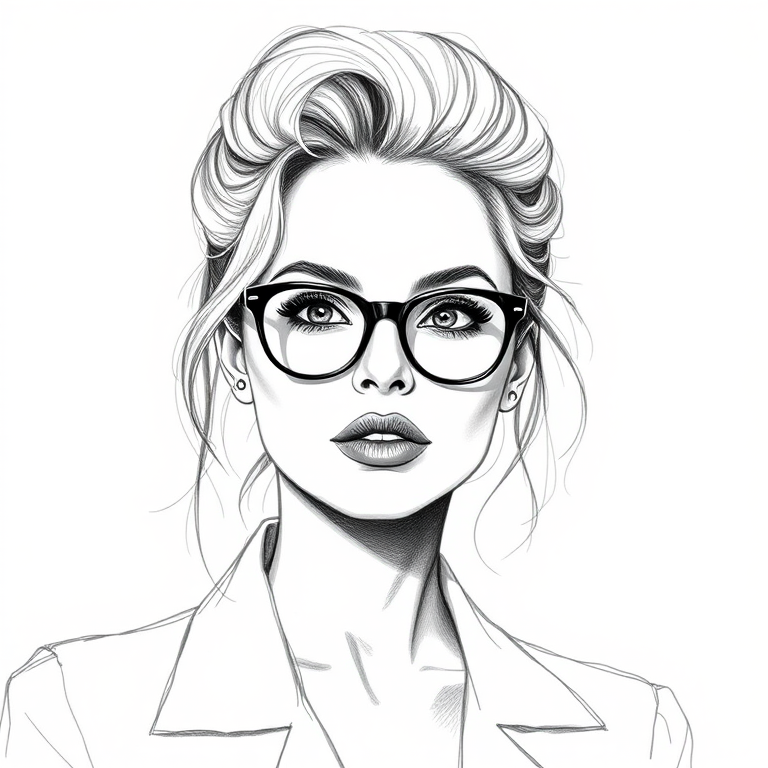 Beautiful Margot Robbie, pencil sketch, portrait of beautiful woman 60s in glasses, hair style beatnik, outline, clear lines, fine lines, 8k