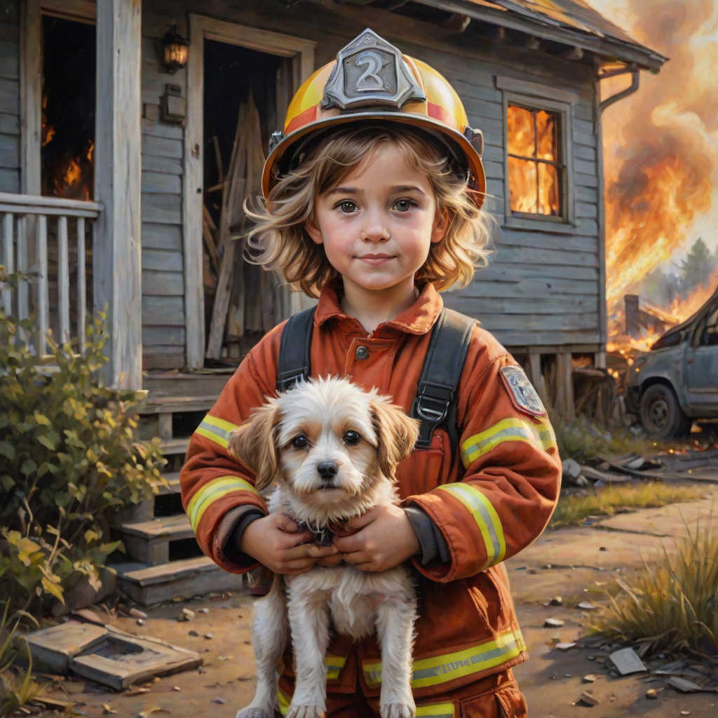 airbrushed oil painting, pixar style, cute little girl in fireman gear, helmet, tousled hair, expressive eyes, standing in the doorstep of a cottage burning behind him, holding a cute little dog in her arm, atumn sky