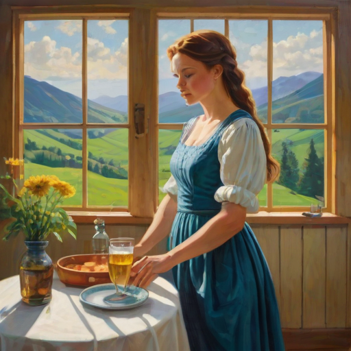 In "A Glass of Beer on the Highland," a serene scene is depicted in a sunlit room where a woman in a vibrant blue dress stands by a large window. She holds a tray with a hearty meal and a frothy glass of beer, embodying a moment of relaxation. Outside, the breathtaking highland landscape features rolling green hills and a charming traditional house, all bathed in warm afternoon light. The interior is adorned with potted plants, creating a harmonious blend of comfort and nature. The painting beautifully captures the tranquility and joy found in simple pleasures amidst stunning scenery