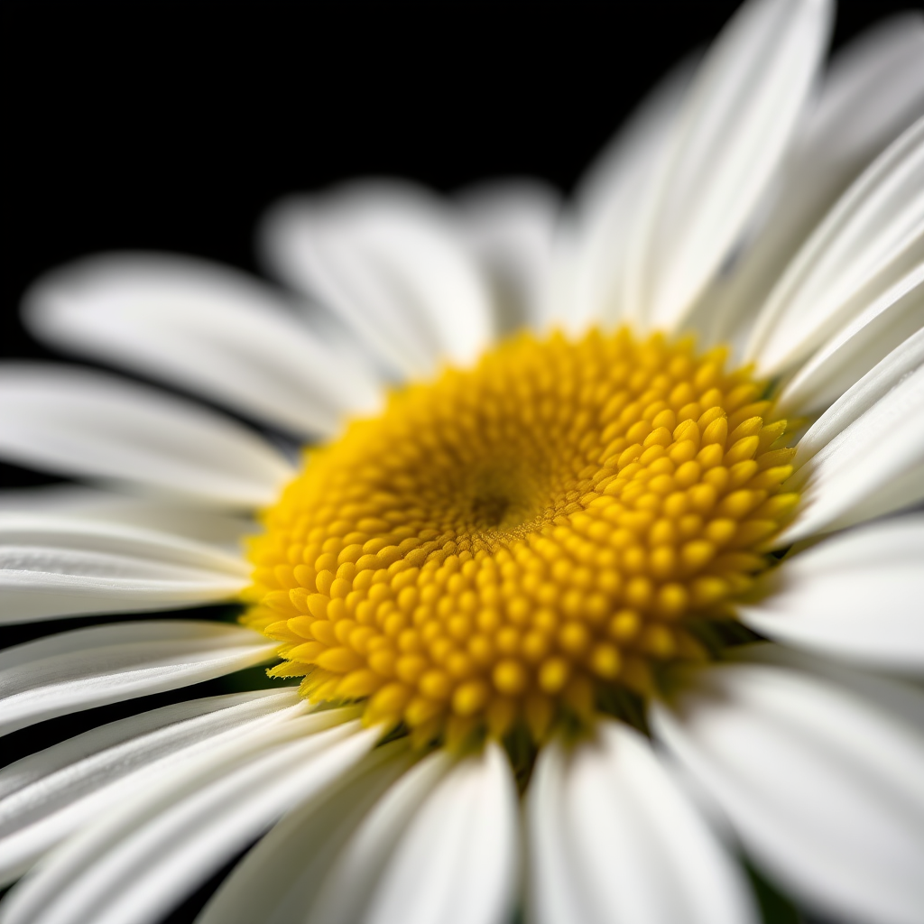 Close-up shot of a white daisy flower with a yellow center on a black background, 50mm lens, f/2.8 aperture, ISO 100, 1/200s shutter speed, softbox lighting, macro photography style, DSLR camera.