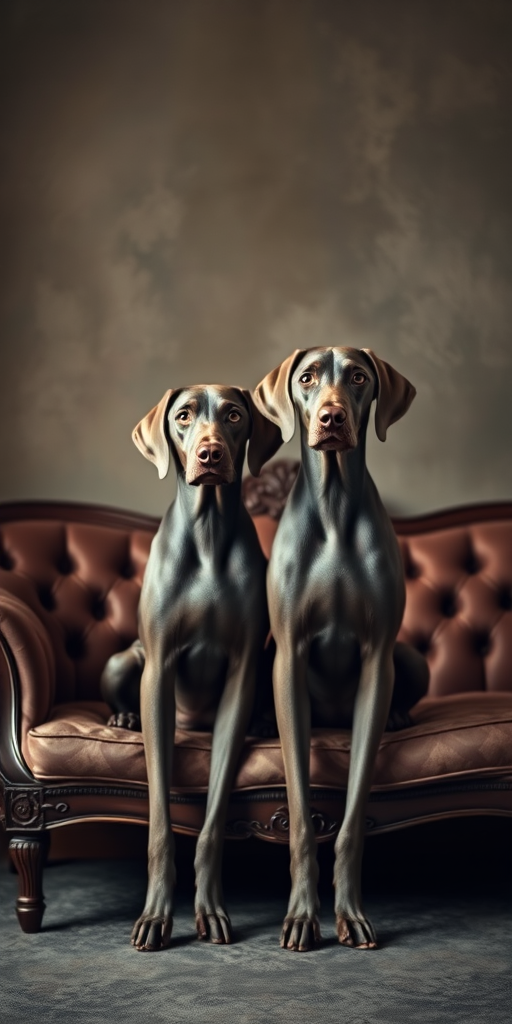 two Weimaraner dogs sitting on an elegant vintage sofa against a soft, moody background, shot with a Canon EOS R5, 50mm lens, f/1.8 aperture, ISO 100, natural lighting, shallow depth of field for a soft focus background, high-resolution image