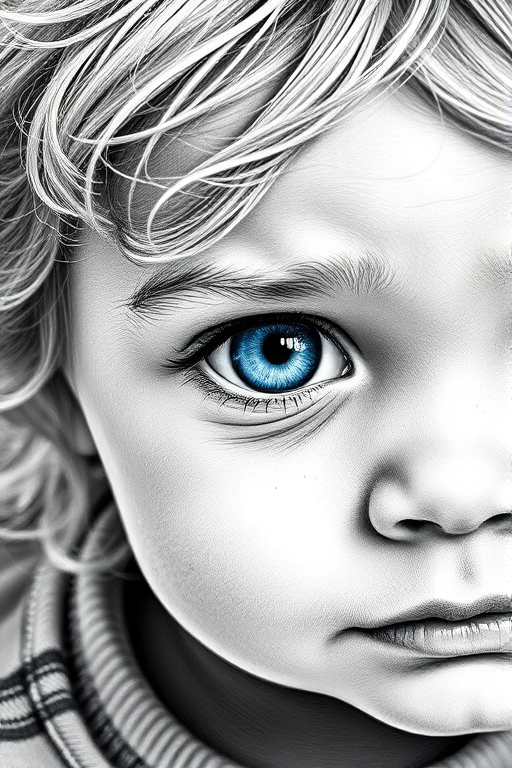 A hyperdetailed photorealistic black and white sketch of a beautiful toddler with deep cyan eyes, with a macro focus