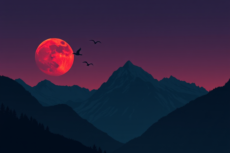 Create a digital illustration of a dramatic mountain landscape at dusk with a large, glowing red moon in the background, featuring silhouetted mountains, birds flying across the moon, shot with a DSLR camera, 35mm lens, f/8 aperture, ISO 100, at a low angle for added depth.