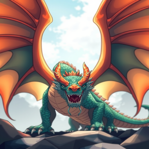 Create a high-resolution illustration of a stylized dragon, using a DSLR camera with a 50mm lens, aperture set to f/1.8 for a shallow depth of field, ISO 200 for a clear image, and shot from a low angle to enhance its imposing presence, in vibrant colors with intricate details.
