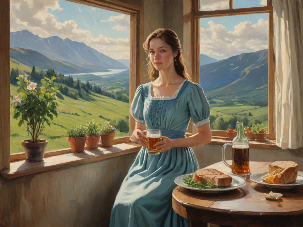 In "A Glass of Beer on the Highland," a serene scene is depicted in a sunlit room where a woman in a vibrant blue dress stands by a large window. She holds a tray with a hearty meal and a frothy glass of beer, embodying a moment of relaxation. Outside, the breathtaking highland landscape features rolling green hills and a charming traditional house, all bathed in warm afternoon light. The interior is adorned with potted plants, creating a harmonious blend of comfort and nature. The painting beautifully captures the tranquility and joy found in simple pleasures amidst stunning scenery