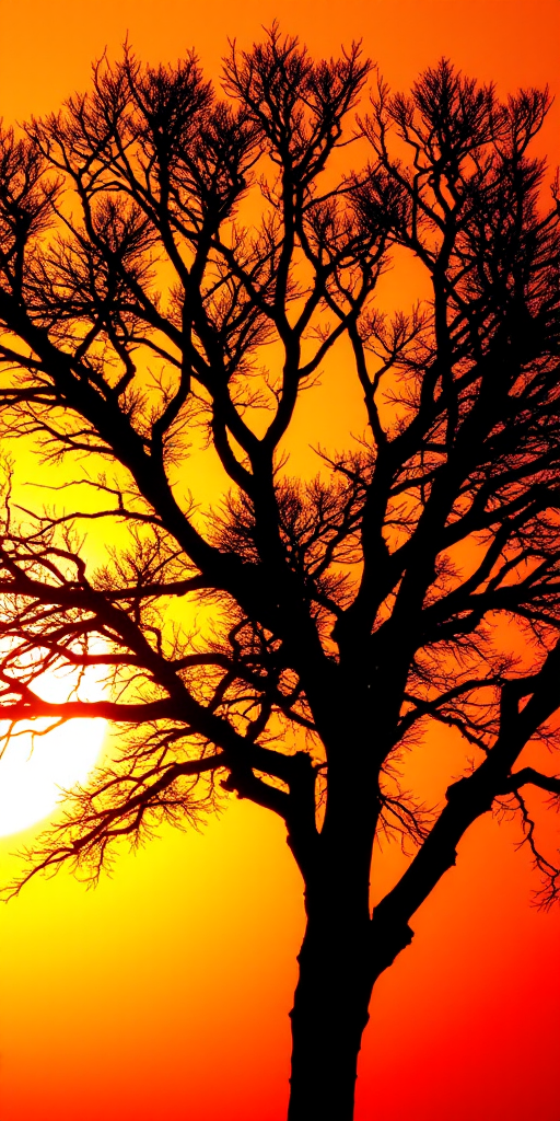Create an abstract, black silhouette of a tree against a bright, textured sunset background with vibrant oranges and yellows, using a DSLR camera, 50mm lens, f/1.8 aperture, ISO 200, shot at sunset for rich color saturation and depth.