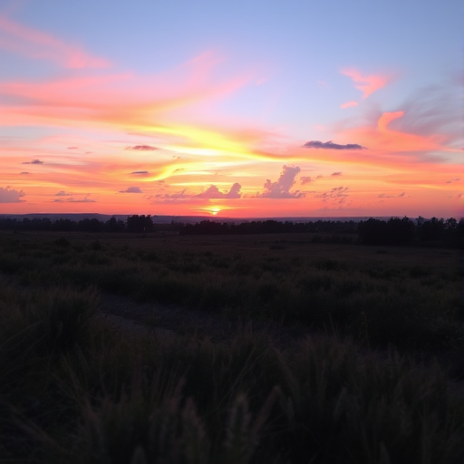 Generate a high-resolution image of a serene landscape at sunrise with vibrant colors and soft clouds, using a DSLR camera with a 50mm lens, aperture set to f/1.8, ISO 100, and a shutter speed of 1/200 seconds, captured from a low angle view to emphasize foreground details.