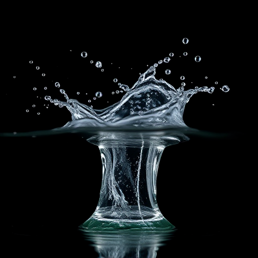 Regenerate a high-resolution image of a water splash against a black background, using a DSLR camera with a 50mm lens, F2.8 aperture, 1/1000s shutter speed, ISO 100, shot from a low angle in macro style to capture fine details and enhance clarity.