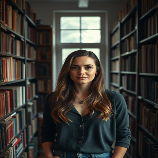 Create a portrait of a woman standing in a cozy room filled with bookshelves overflowing with vintage books, captured with a 50mm lens at f/1.8, ISO 100, soft natural lighting, in realistic style using a DSLR camera.
