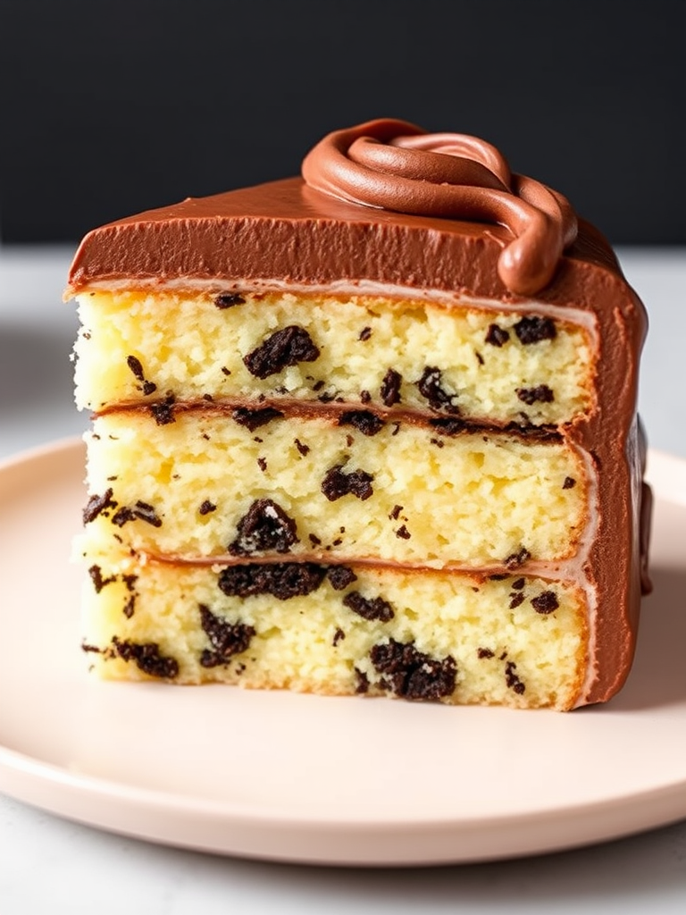 A slice of moist vanilla cake layered with dark chocolate cookie crumbs and frosted with a rich chocolate cream, served on a light-colored plate, showcasing the texture and layers of the cake.