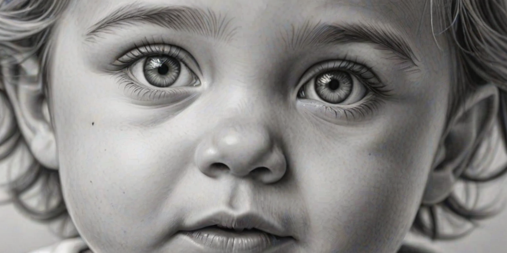 A hyperdetailed photorealistic black and white sketch of a beautiful toddler with deep white eyes, with a macro focus