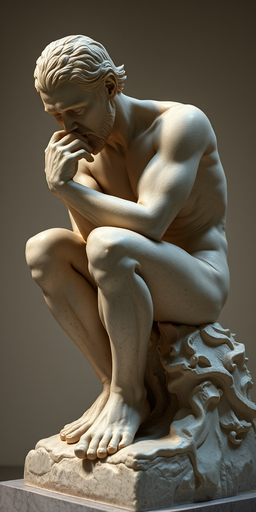Create a highly detailed sculpture of a thinker in a contemplative pose, using a Canon EOS R5 with a 50mm f/1.2 lens at ISO 100, aperture f/8, and shutter speed 1/200 sec, captured in soft diffused lighting from a low angle to enhance texture and depth.