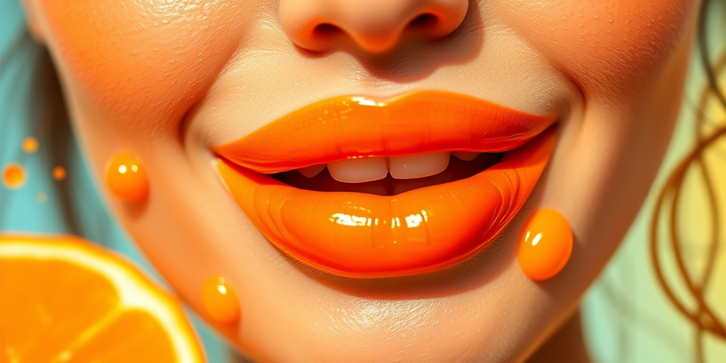 Refreshing "Citrus Splash" lip look blends bright orange and yellow hues in a juicy, high-shine finish, evoking the zesty freshness of summer fruits and radiating cheerful energy