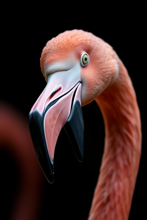 flamingo close-up portrait with a focus on the head and beak, soft lighting, dark blurred background