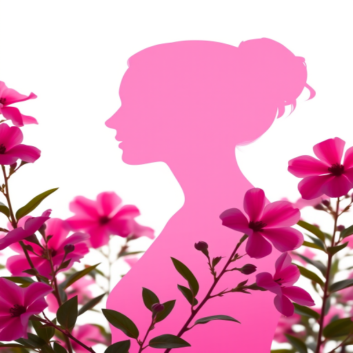 Create a high-resolution silhouette of a woman's profile with a soft pink color against a white background, surrounded by vibrant pink flowers, using a DSLR camera with a 50mm lens, f/1.8 aperture, ISO 100, and natural lighting for a sharp, detailed image.