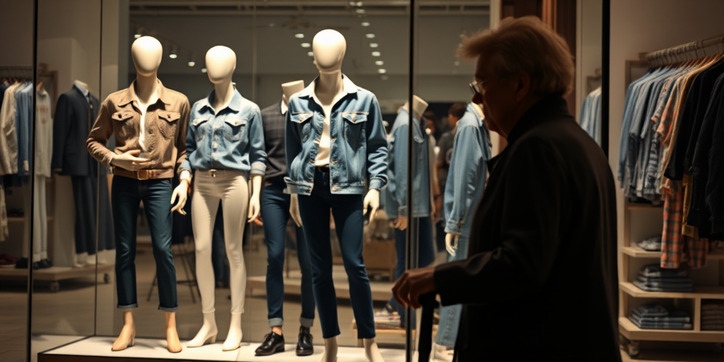 Create a high-resolution image of a clothing store display featuring mannequins dressed in stylish denim outfits, with a silhouette of an elderly person with a cane in the foreground, using a 50mm lens, f/1.8 aperture, ISO 100, 1/200 sec shutter speed, and shot at eye level in a well-lit environment.