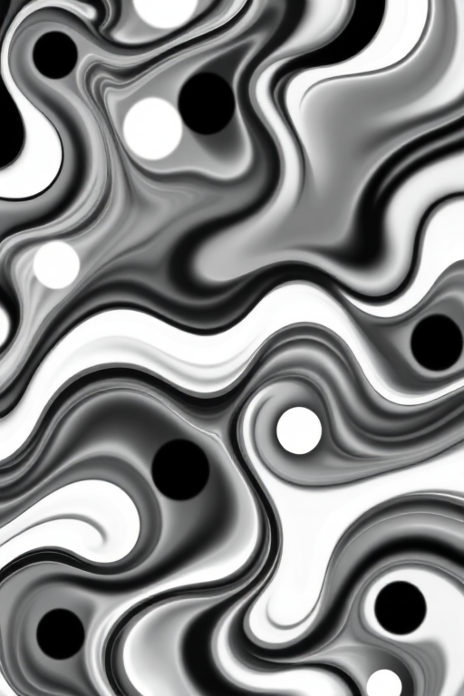 Generate an abstract black and white pattern with flowing curves and circular shapes resembling waves, captured with a DSLR camera, 50mm lens, aperture f/2.8, ISO 200, in a top-down view for enhanced image quality.