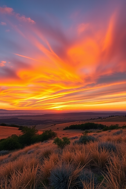 Create a high-resolution image of a serene landscape during sunset with vibrant colors in the sky, using a Canon EOS 5D Mark IV, 50mm lens, aperture f/1.8, ISO 100, with HDR photography style and a wide-angle view for enhanced depth and detail.