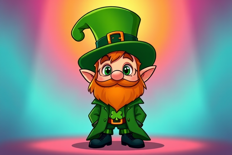 Create a cartoon character design of a leprechaun wearing a green hat and coat, with a shamrock emblem, set against a vibrant background, using a 50mm lens, f/2.8 aperture, ISO 100, high resolution, front view, digital illustration style.