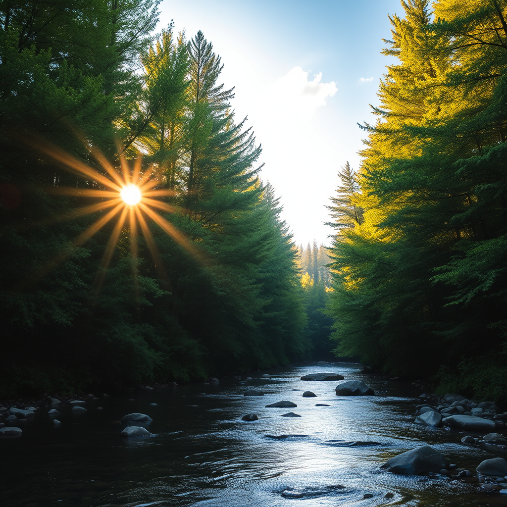 Create an image of a serene, sunlit forest scene with a clear, gently flowing river. Tall trees with lush green foliage line both sides of the river, their leaves bathed in the warm golden light of the setting or rising sun. The sunlight filters through the trees, casting soft, dappled light on the river, which flows over smooth rocks and pebbles, creating a peaceful, natural atmosphere. The sky is bright with a few scattered clouds, and the overall mood is tranquil, evoking a deep sense of connection with nature. The image captures the beauty of a calm, pristine forest landscape at either dawn or dusk.